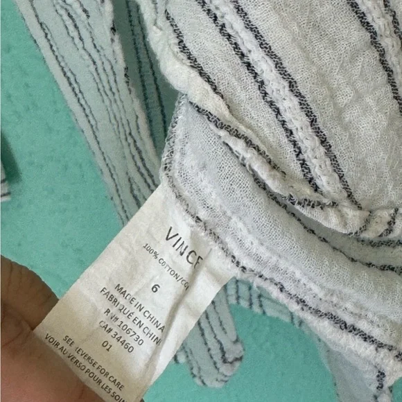 Vince 100% Cotton Gauzy Striped Tea Length Sleeve Blouse - Picture 5 of 8